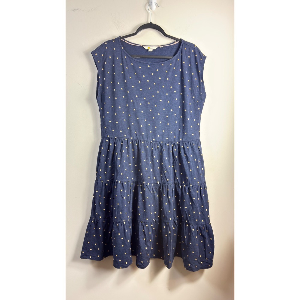 Boden Tiered Dress Navy Gold Polka Dot Sleeveless Cotton Women Size US 10R